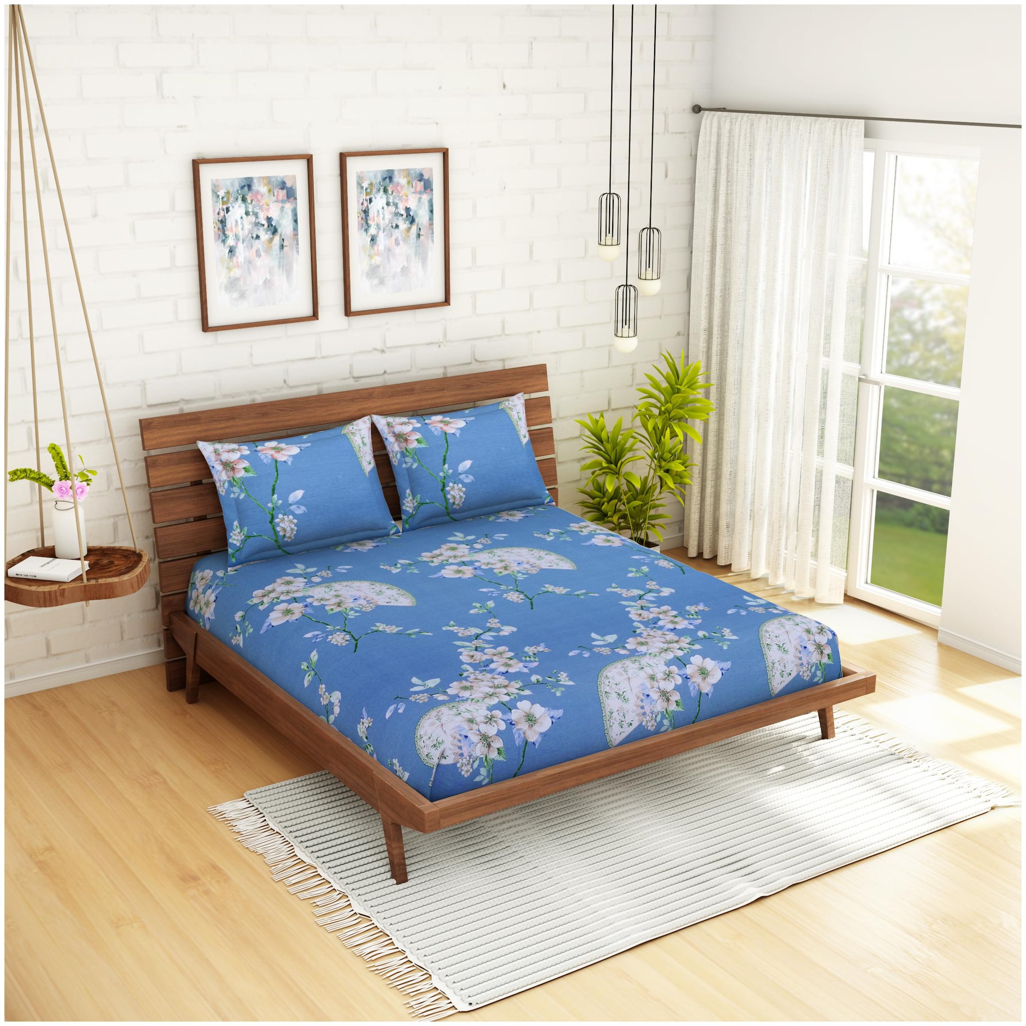 

CORE Designed by Spaces Cotton Floral Double Size Bedsheet 210 TC ( 1 Bedsheet With 2 Pillow Covers Blue Grey )