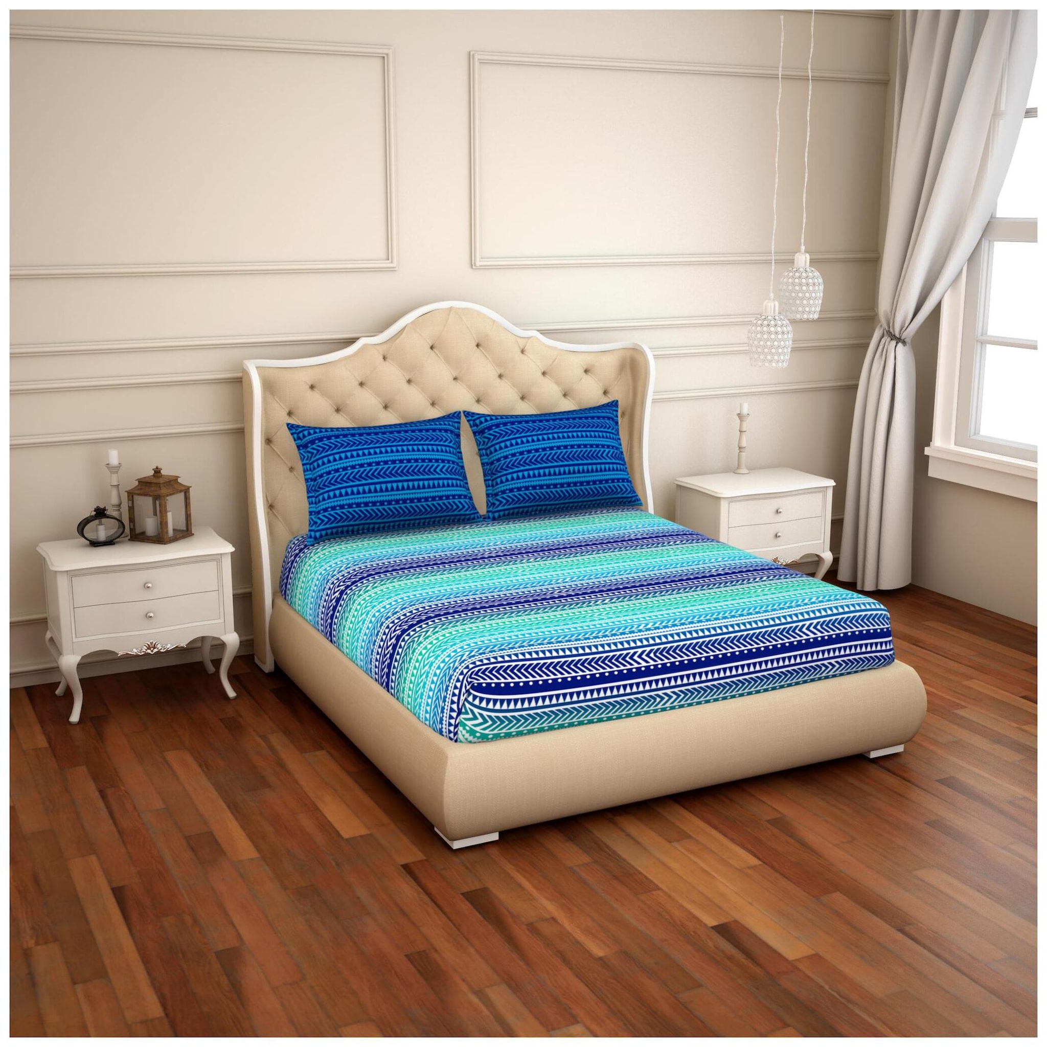 

CORE Designed by Spaces Cotton Striped Double Size Bedsheet 144 TC ( 1 Bedsheet With 2 Pillow Covers Blue Turquoise )