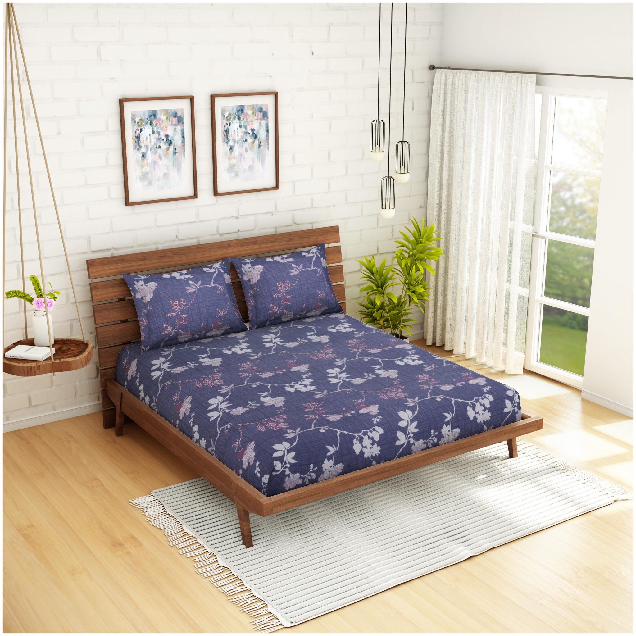 

CORE Designed by Spaces Cotton Floral Double Size Bedsheet 210 TC ( 1 Bedsheet With 2 Pillow Covers Blue Grey )