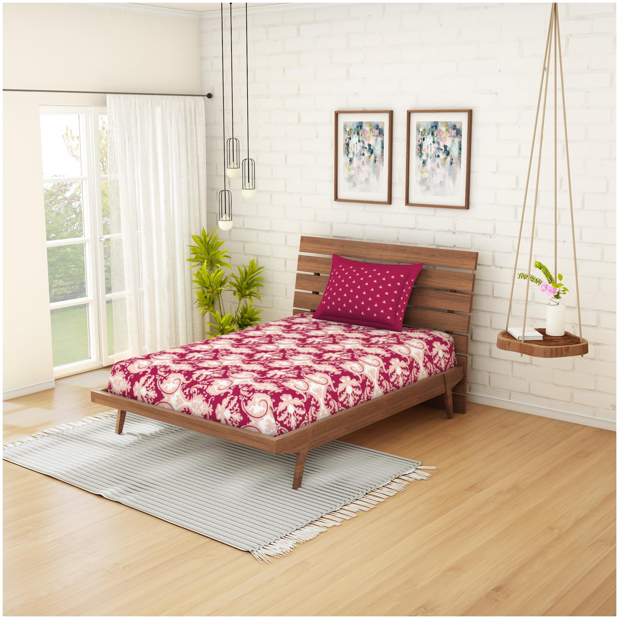 

CORE Designed by Spaces Cotton Printed Single Size Bedsheet 144 TC ( 1 Bedsheet With 1 Pillow Covers Purple Beige )
