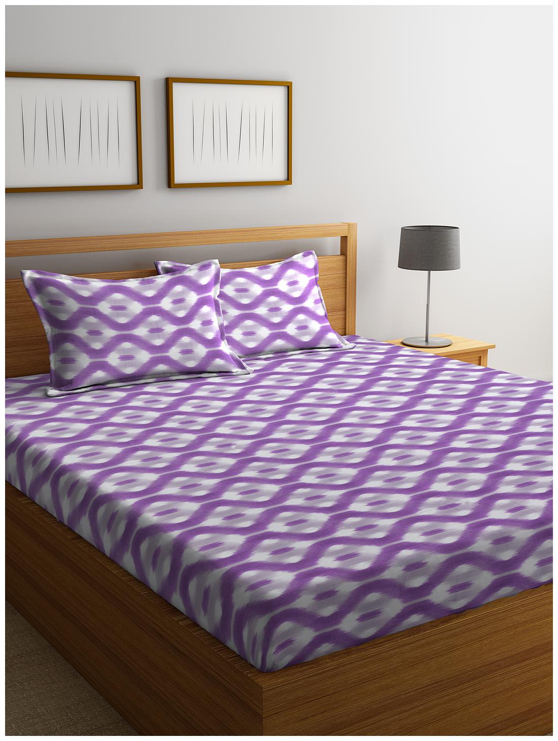 

Cortina Cotton Striped Double Size Bedsheet 144 TC ( 1 Bedsheet With 2 Pillow Covers Purple Grey )