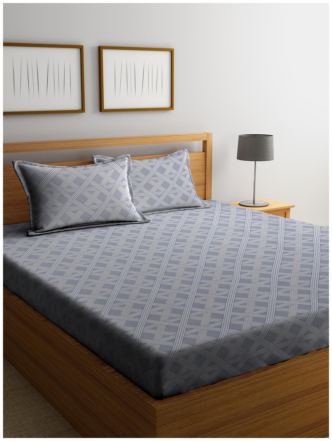 

Cortina Cotton Printed Double Size Bedsheet 144 TC ( 1 Bedsheet With 2 Pillow Covers Grey )