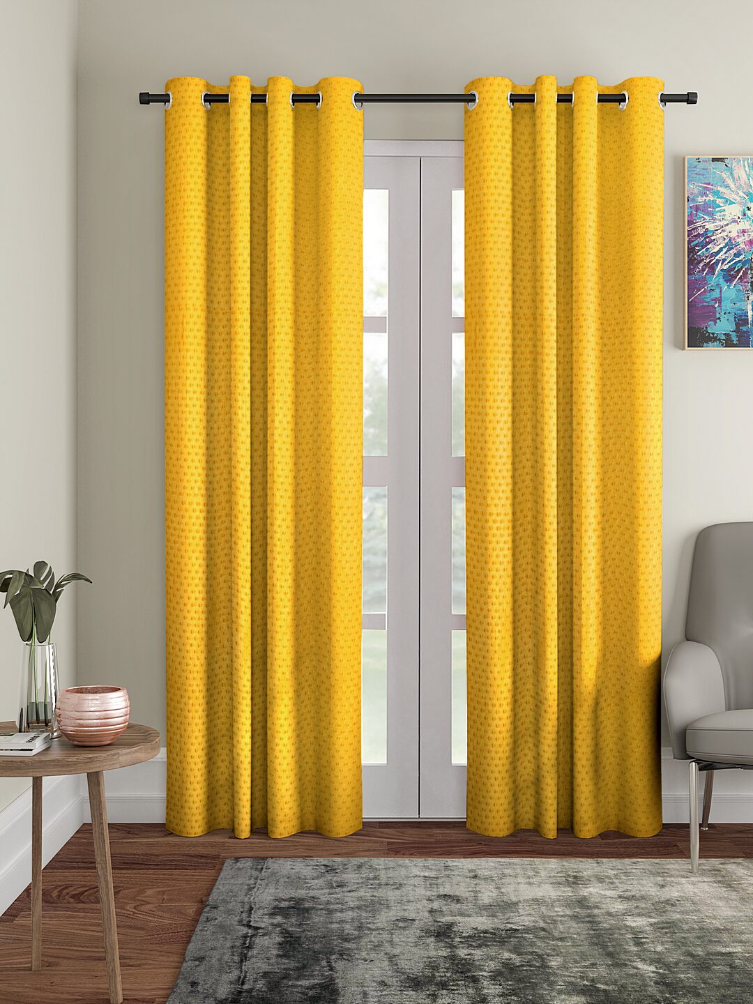 

Cortina Polyester Long Door Blackout Yellow Regular Curtain ( Eyelet Closure Polka Dot )