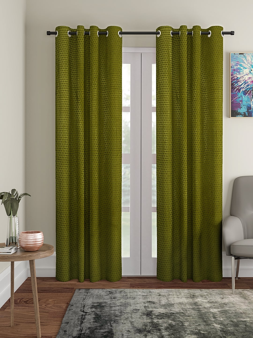 

Cortina Polyester Door Blackout Green Regular Curtain ( Eyelet Closure Polka Dot )