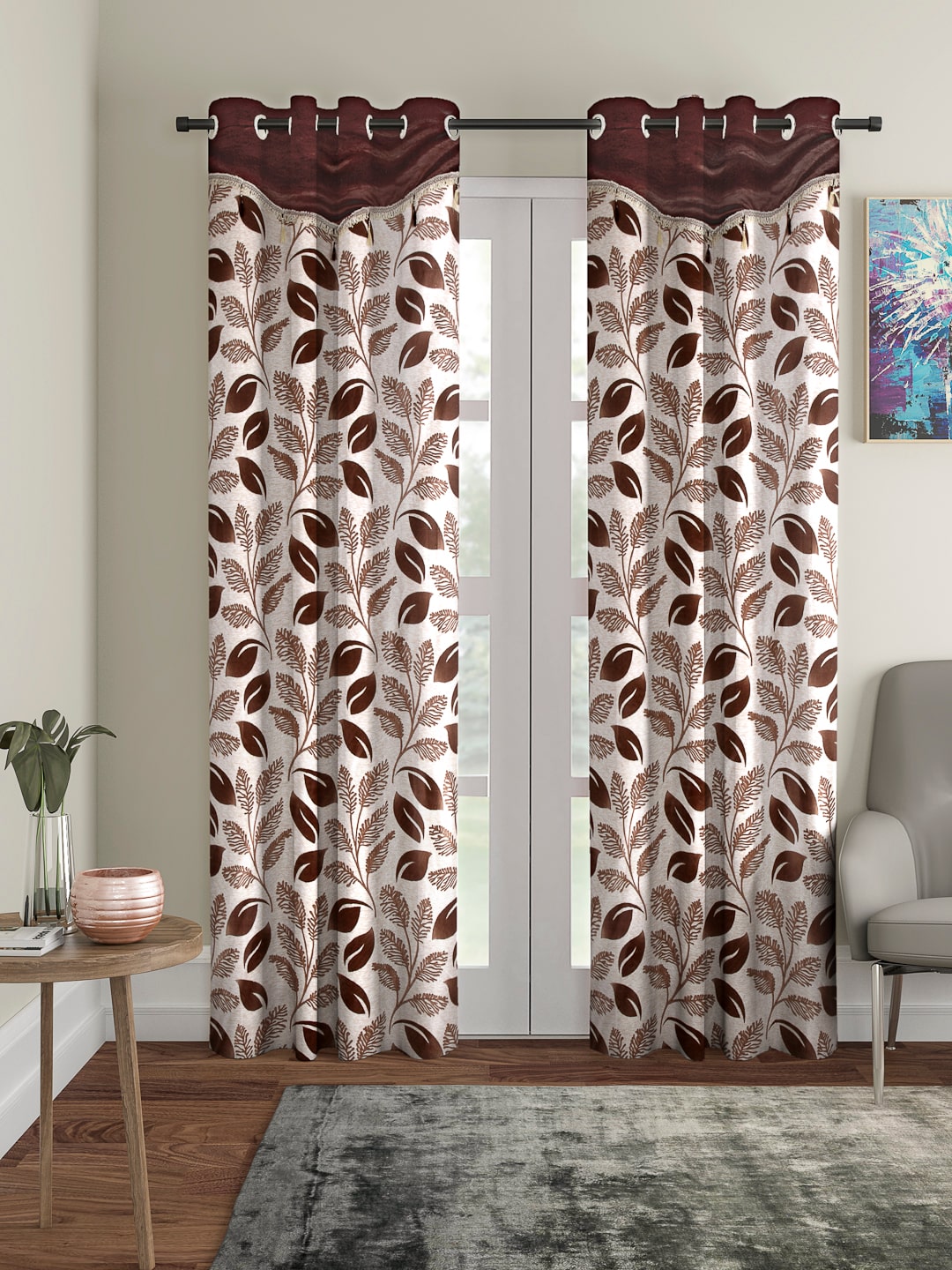 

Cortina Polyester Door Blackout Brown Regular Curtain ( Eyelet Closure Floral )