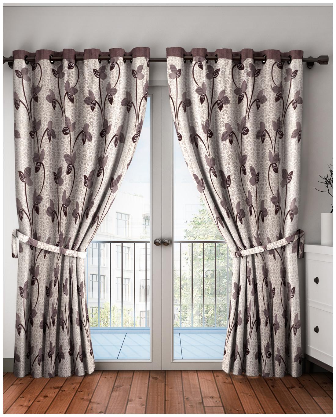 

Cortina Polyester Long Door Semi Transparent Brown Regular Curtain ( Eyelet Closure Floral )