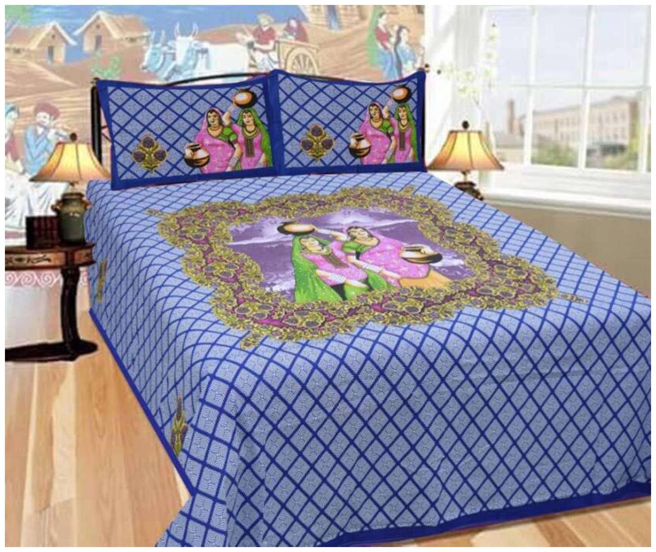 

ZDECOR Cotton Printed Double Size Bedsheet 104 TC ( 1 Bedsheet With 2 Pillow Covers Blue )