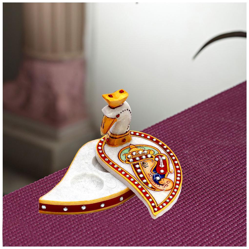 

Craftam Rajasthani Handicraft Kundan Work Marble Roli Sindoor Chopra Vase (peacock Shape )