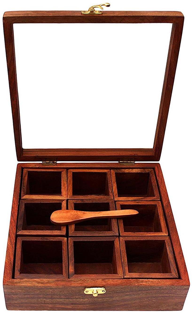 

CraftShoppe Sheesham Wooden Table Top Masala Dabba Containers Jars Cum Kitchen Spice Box with Spoon (Brown)
