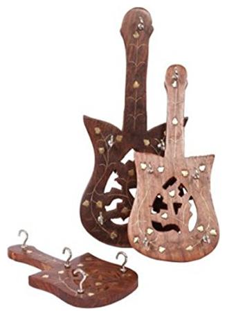 

CraftShoppee Handmade Handicraft Wooden Guitar Shape Key Holder with 5 Hook Key Stand for Wall Hanging