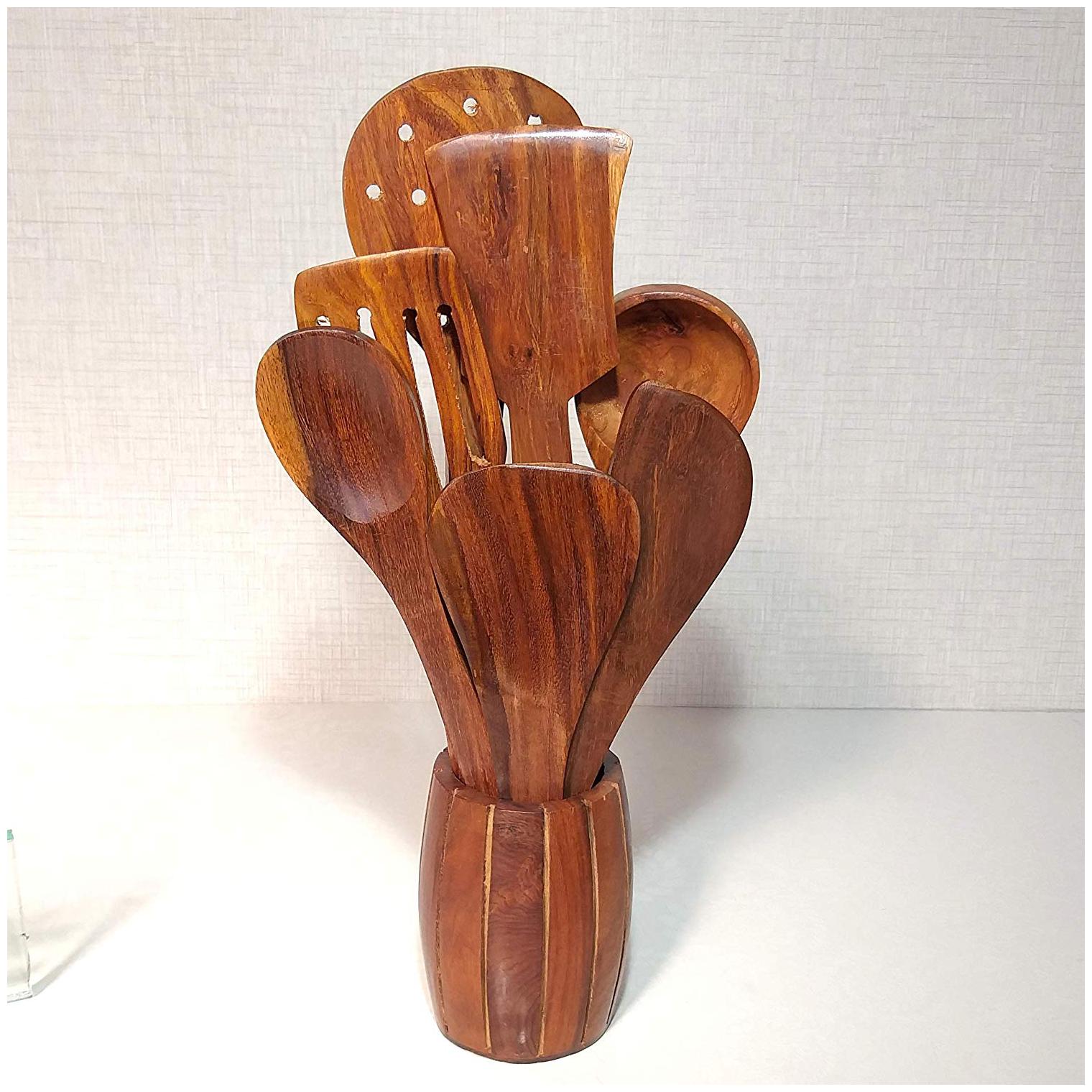 

CraftShoppee Wooden Cooking Spoon (12 5-inch Brown) -Set of 7 with holder