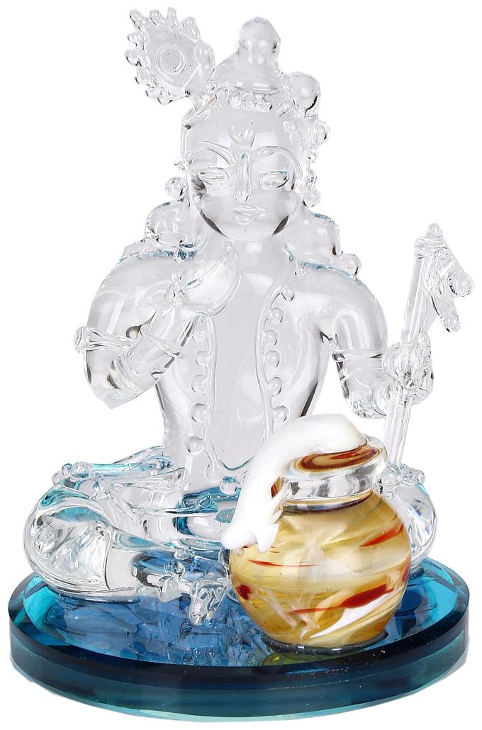 

Crystal Glass Charming Natkhat Kanha Eating Butter From Pitcher With Five Finger - A Shining Showpiece Clear
