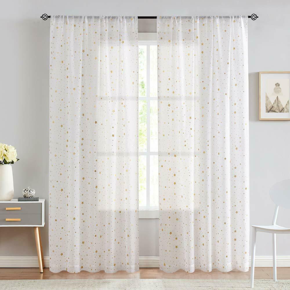 

Curtains for Girls Starry Night Cute Twinkle Star Linen Textured Drapes 2 Panels