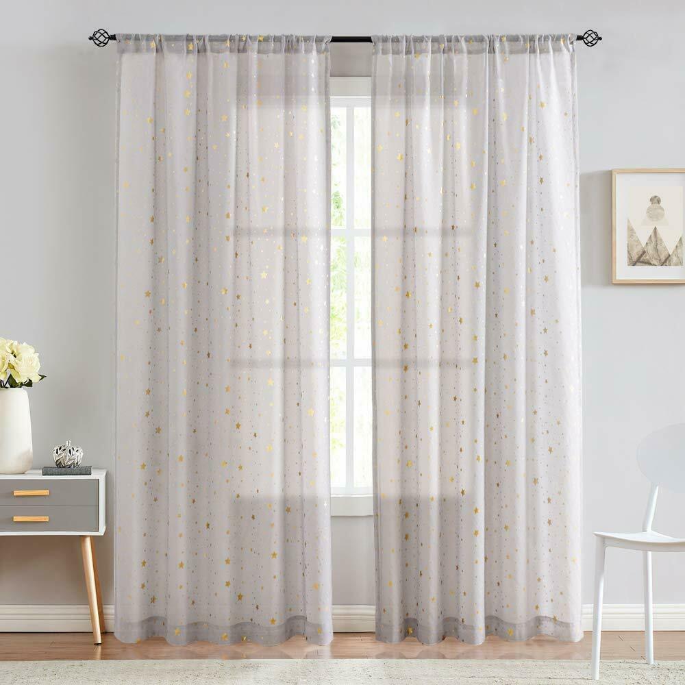 

Curtains for Girls Starry Night Cute Twinkle Star Linen Textured Drapes 2 Panels