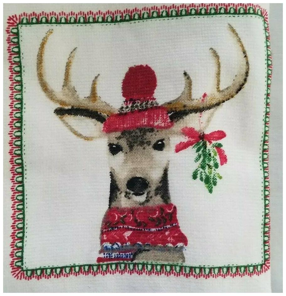 

Cynthia Rowley Set of 2 Kitchen Towels Christmas Deer in Red Scarf New with Tag