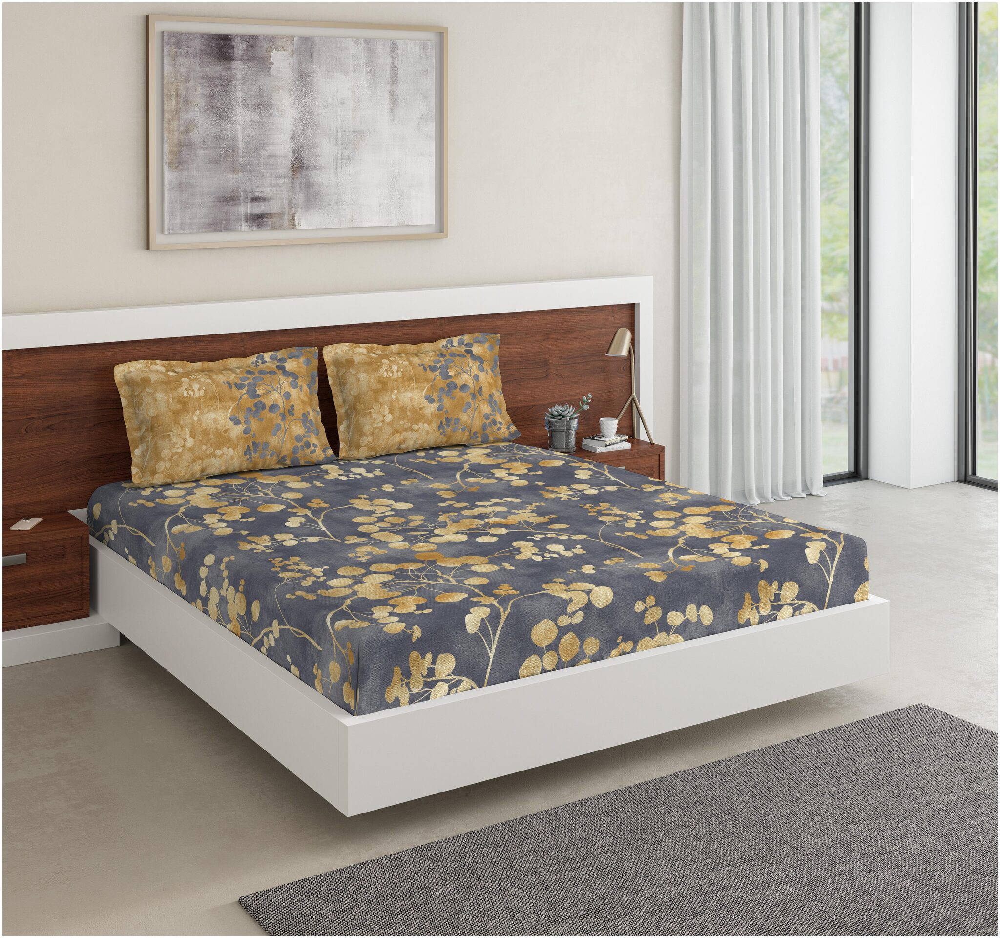 

D Decor Live Beautiful Cotton Floral King Size Bedsheet 136 TC ( 1 Bedsheet With 2 Pillow Covers Grey )