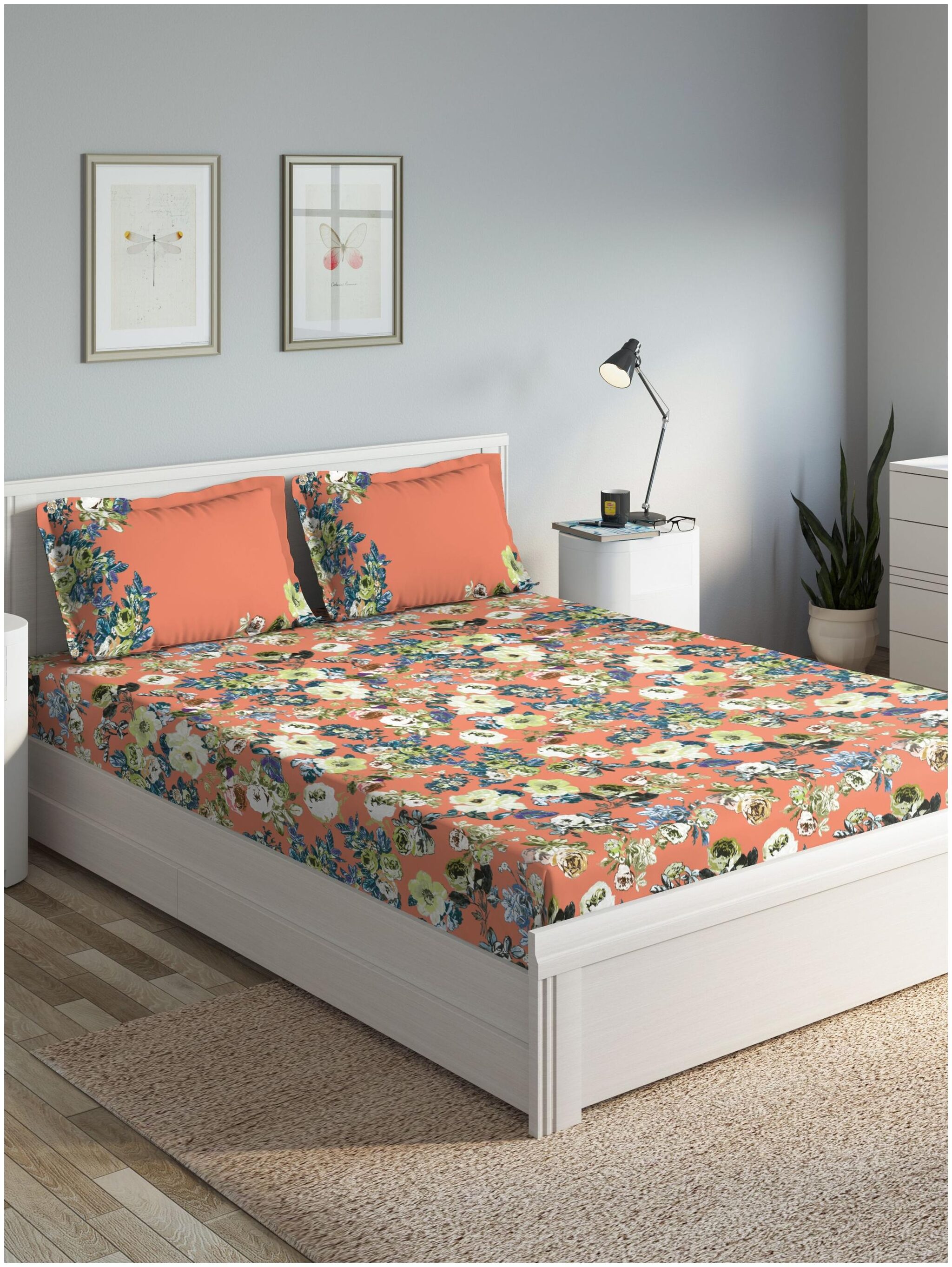 

D Decor Live Beautiful Cotton Floral Double Size Bedsheet 136 TC ( 1 Bedsheet With 2 Pillow Covers Orange )