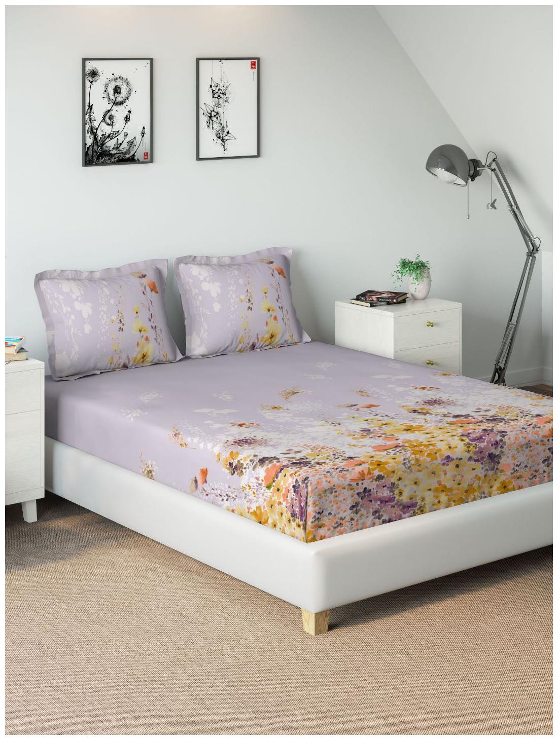 

D Decor Live Beautiful Cotton Floral King Size Bedsheet 136 TC ( 1 Bedsheet With 2 Pillow Covers Purple )