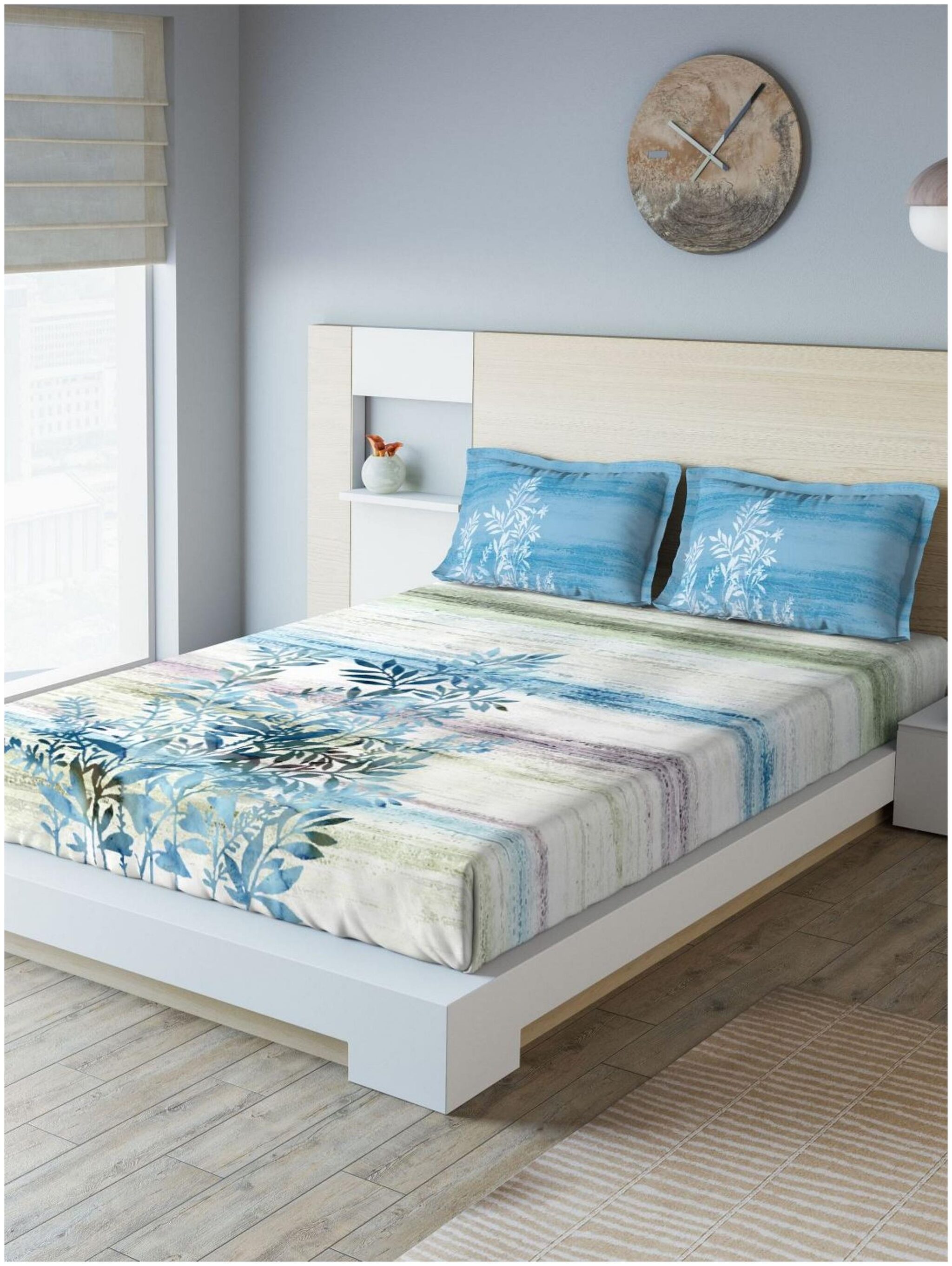 

D Decor Live Beautiful Cotton Floral King Size Bedsheet 136 TC ( 1 Bedsheet With 2 Pillow Covers Blue )