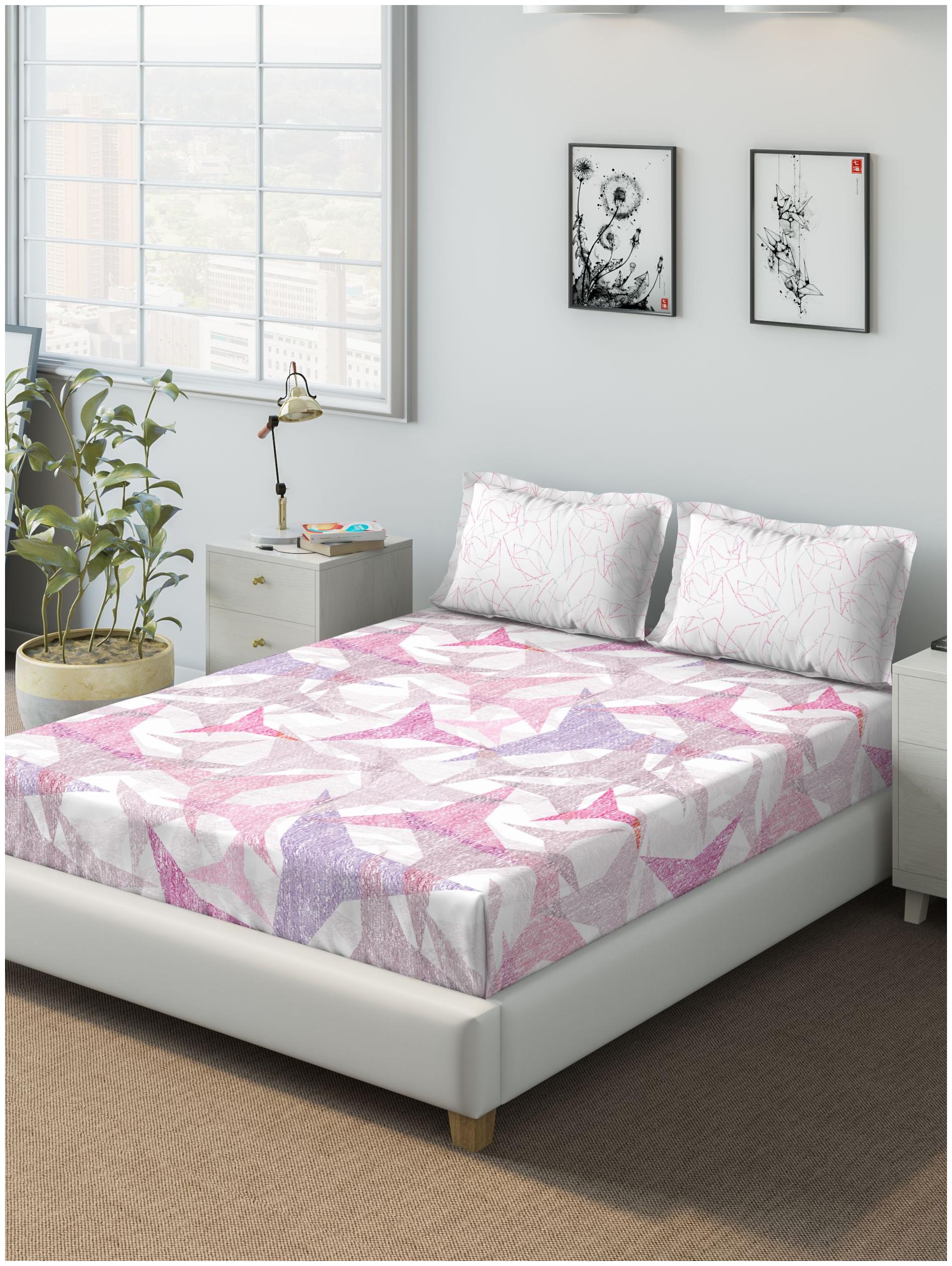 

D Decor Live Beautiful Cotton Geometric Queen Size Bedsheet 136 TC ( 1 Bedsheet With 2 Pillow Covers Purple )