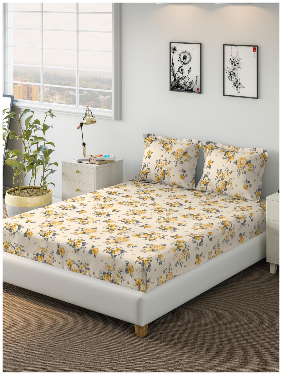 

D Decor Live Beautiful Cotton Floral Double Size Bedsheet 136 TC ( 1 Bedsheet With 2 Pillow Covers Yellow )