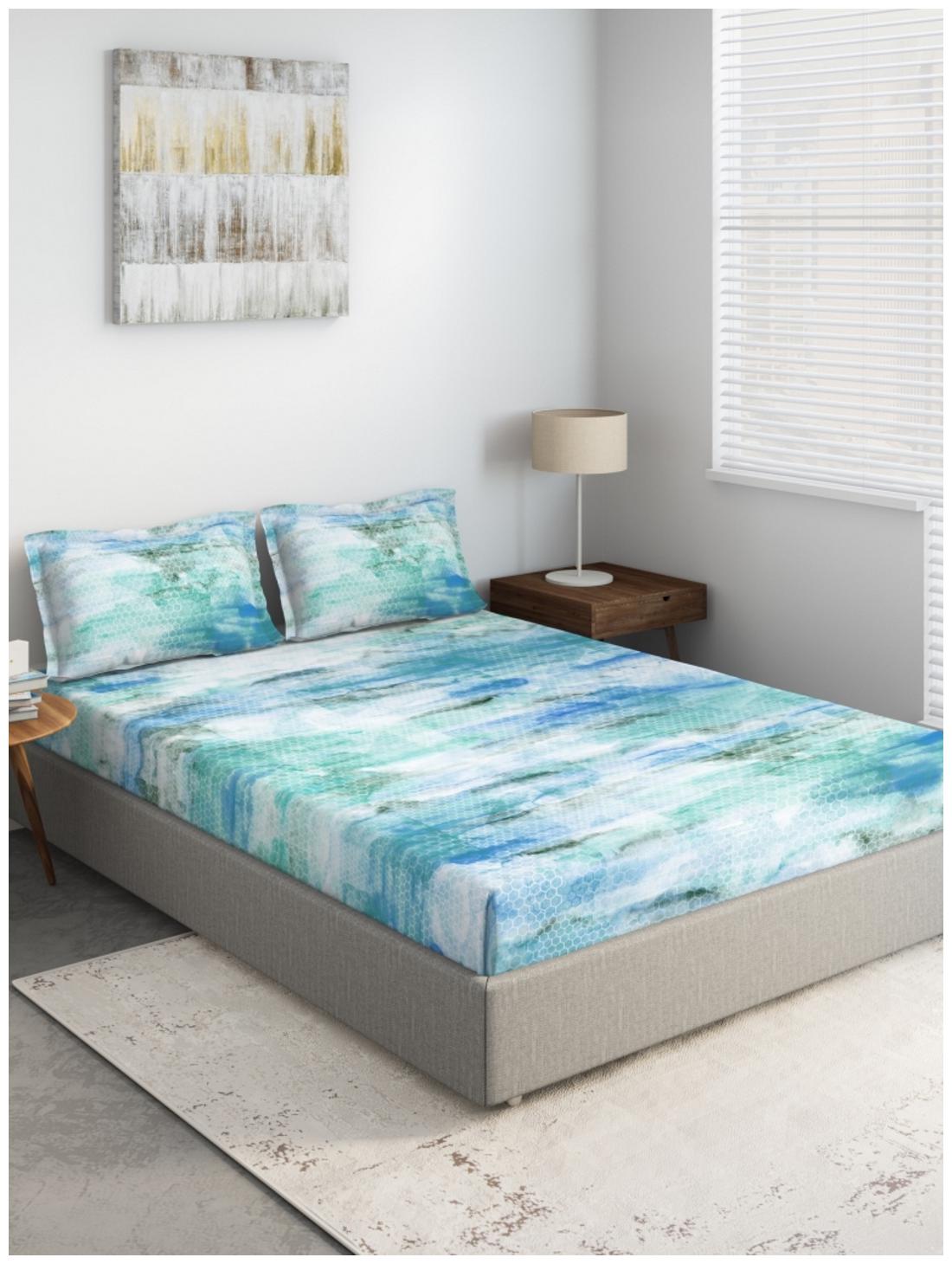

D Decor Live Beautiful Cotton Geometric Double Size Bedsheet 136 TC ( 1 Bedsheet With 2 Pillow Covers Turquoise )