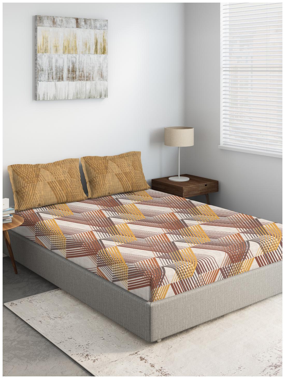 

D Decor Live Beautiful Cotton Geometric Double Size Bedsheet 136 TC ( 1 Bedsheet With 2 Pillow Covers Brown )
