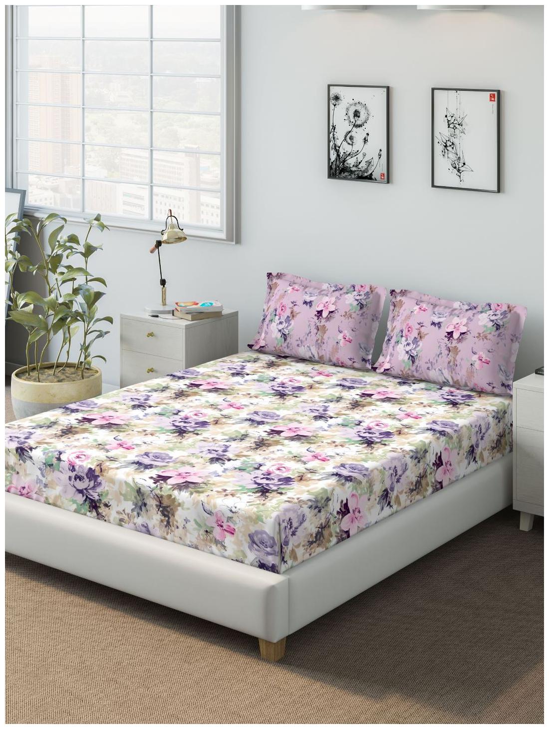 

D Decor Live Beautiful Cotton Floral Queen Size Bedsheet 136 TC ( 1 Bedsheet With 2 Pillow Covers Purple )