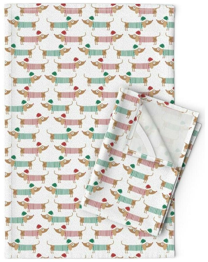 

Dachshund Through The Snow Red Linen Cotton Tea Towels by Roostery Set of 2