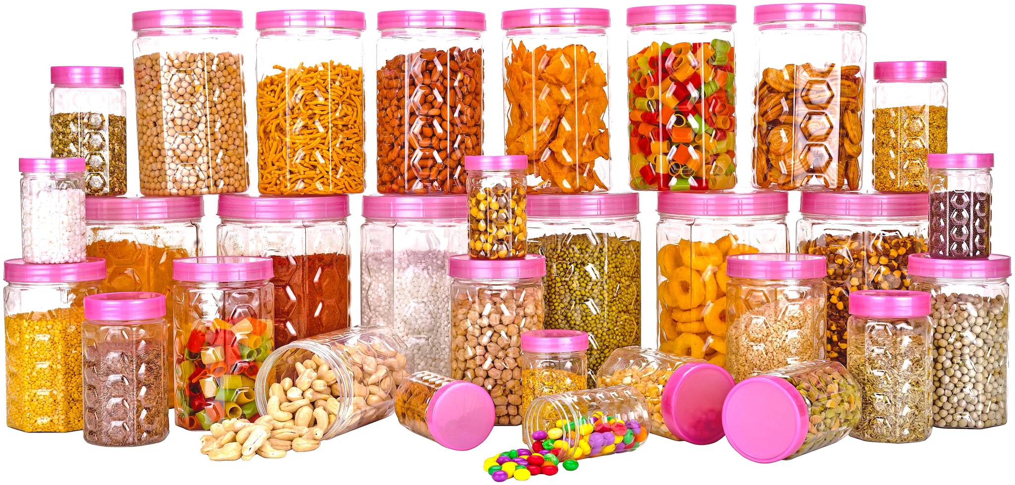 

Darkline Canisters Jars Set Of 30 - 250 ml 350 ml 650 ml 1200 ml 2000 ml Plastic (Pack of 30 pink Transparent )