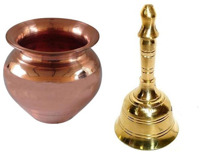 

De-Ultimate Combo Of Round Head Pooja Puja Bell Ghanti With Copper ( 2 No ) Kalash Lota