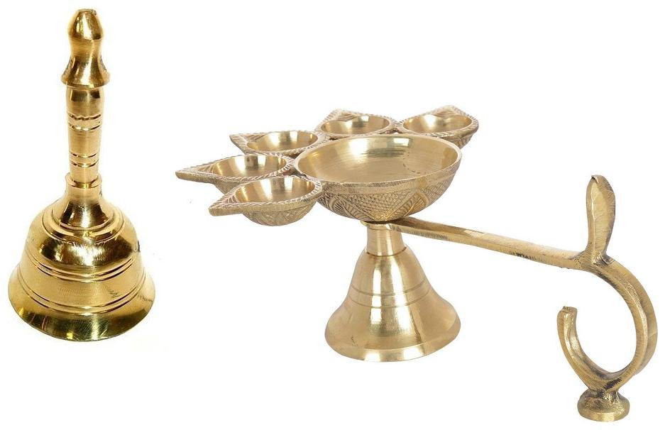 

De-Ultimate Combo Of 5 Face Puja Camphor Burner Lamp Panch Aarti Jyoti With Brass Round Head Pooja Puja Bell Ghanti
