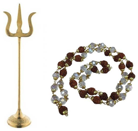 

De-Ultimate Combo Of 2 pcs Trishul Statue With Round Stand And 33 cm Long Cap Mala For Puja Purpose