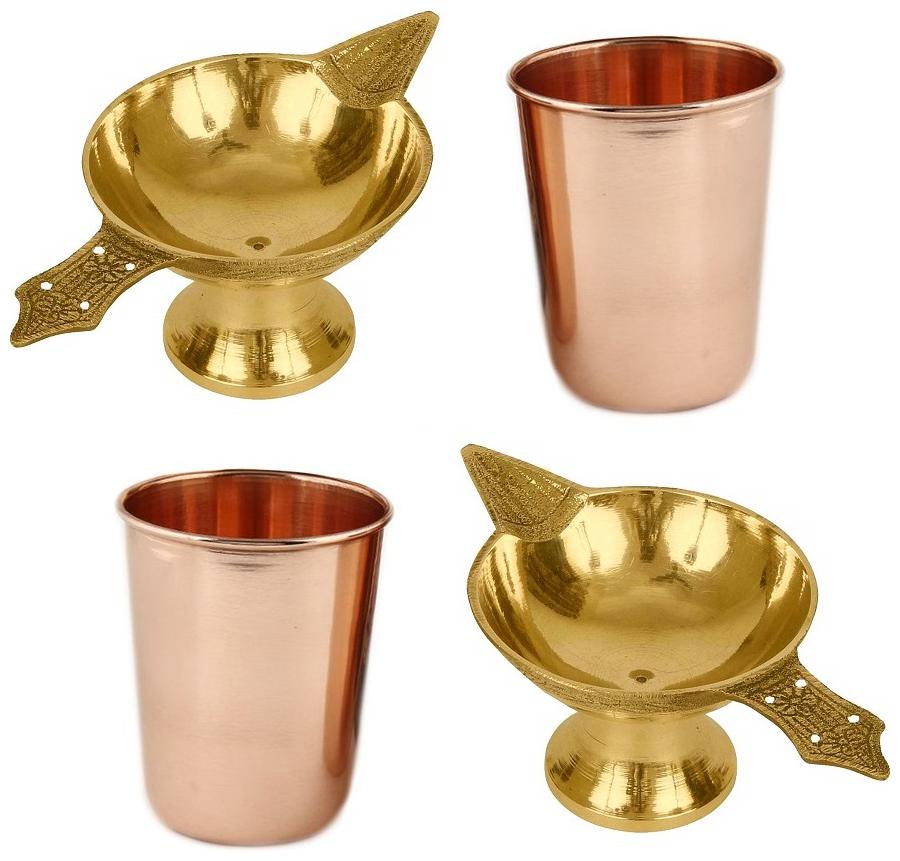 

De-Ultimate Combo Of 4 pcs Copper Glass Tumblers Leak Proof Seamless 350 ml With Akhand Laxmi Deepak Pital Diya