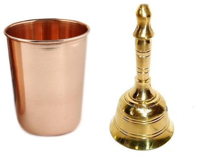 

De-Ultimate Combo Of Round Head Pooja Puja Bell Ghanti With Copper Glass Tumblers Leak Proof Seamless 350 ml