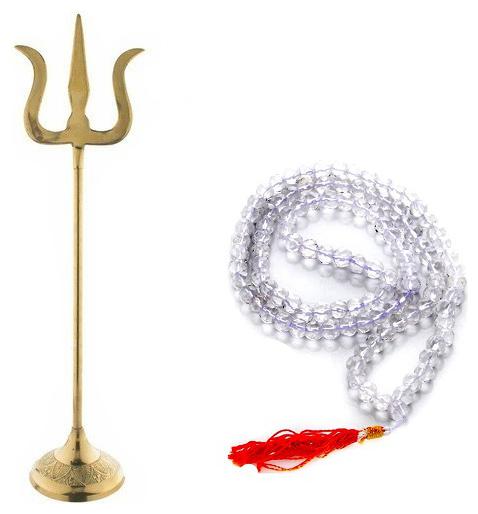

De-Ultimate Combo Of 2 pcs Trishul Statue With Round Stand And 43 cm Long 7mm Sphatik Clear Beads Mala For Puja Purpose