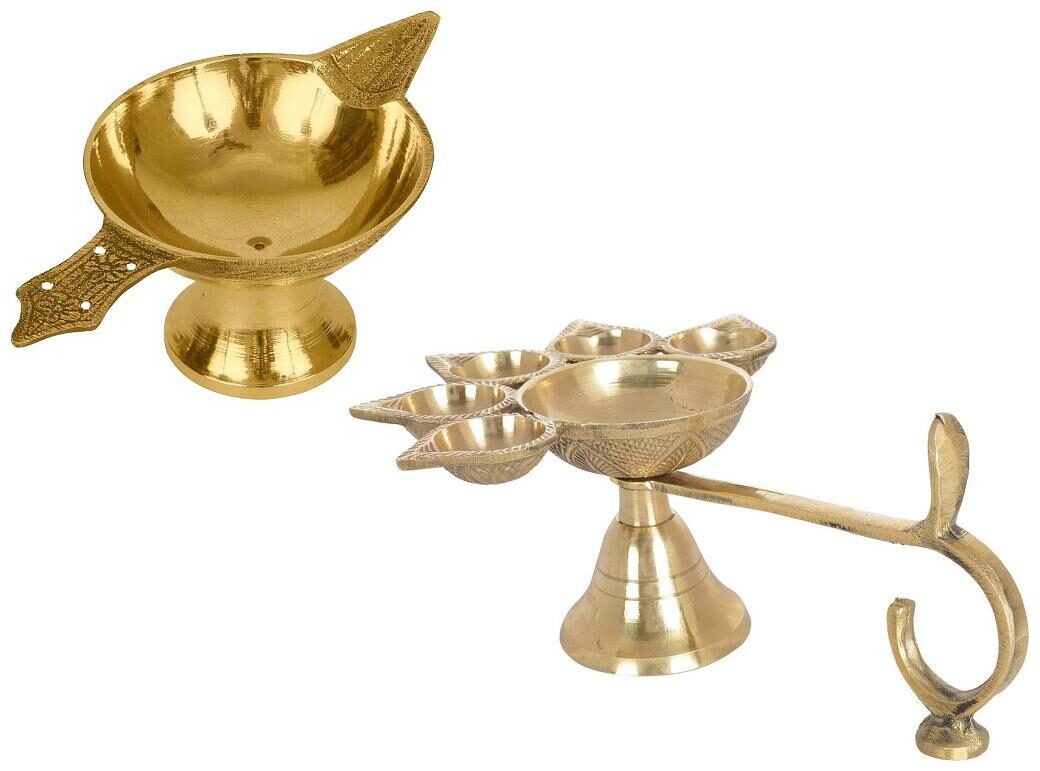 

De-Ultimate Combo Of 5 Face Puja Camphor Burner Lamp Panch Aarti Jyoti With Brass Akhand Laxmi Deepak Pital Diya