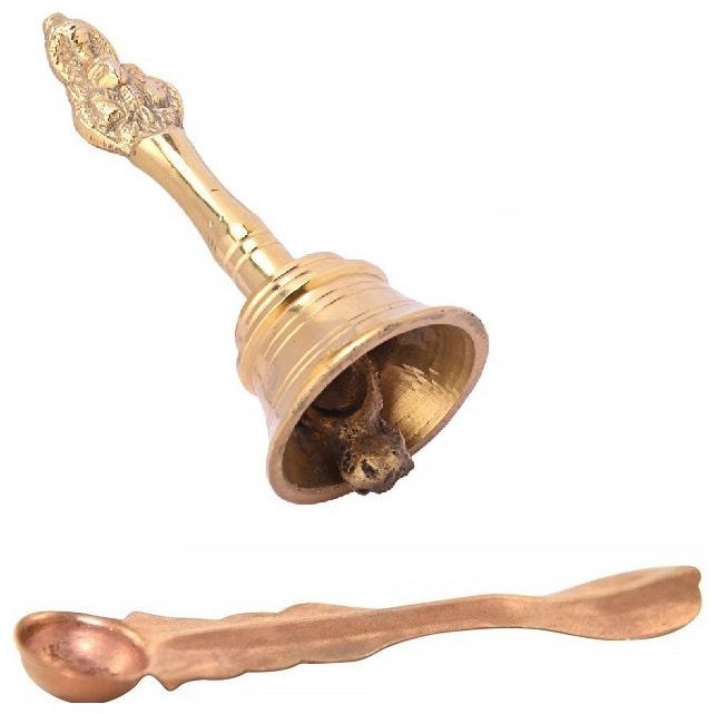 

De-Ultimate Combo Of Copper Panch Patra Spoon for Poojan Purpose at Home With Brass Nagpari Head Pooja Puja Bell Ghanti for Poojan Purpose