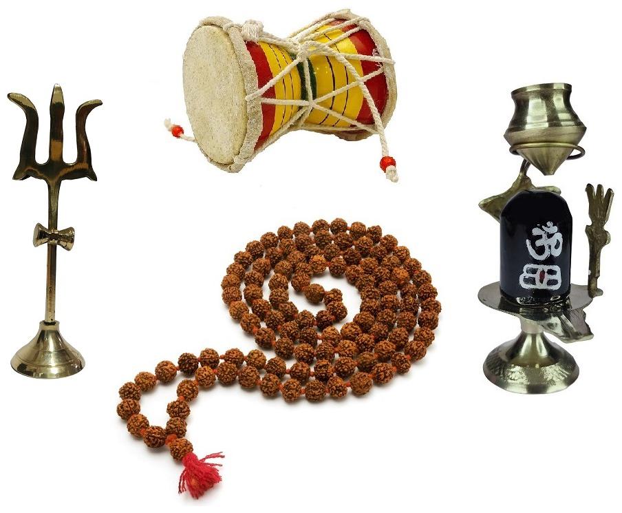 

De-Ultimate Combo Of 4 pcs Trishul Statue With Round Stand And Shivling Showpiece Damru And Rudrasha Mala For Puja Purpose