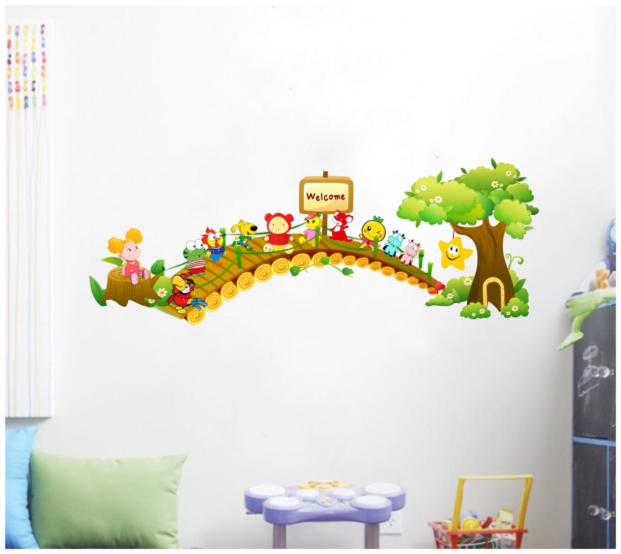 

Decal o Decal Cute Colourful Cartoons On Bridge With Welcome board Wall Stickers