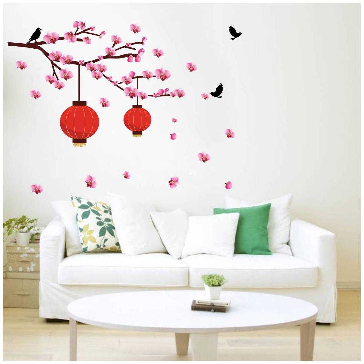 

Decal o Decal Pink Floral Tree With Red Chinese Lamp Wall Stickers
