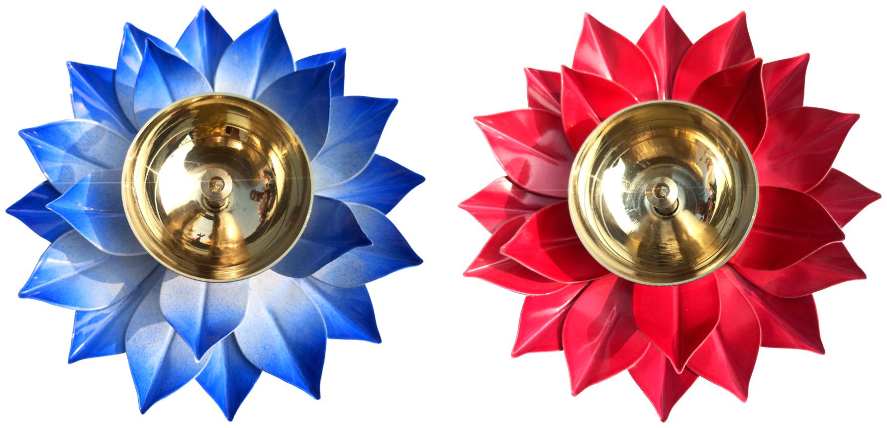 

Decorate India Brass Kamal Ptta Blue and red color Akhand diya size 6 inch pack of 2