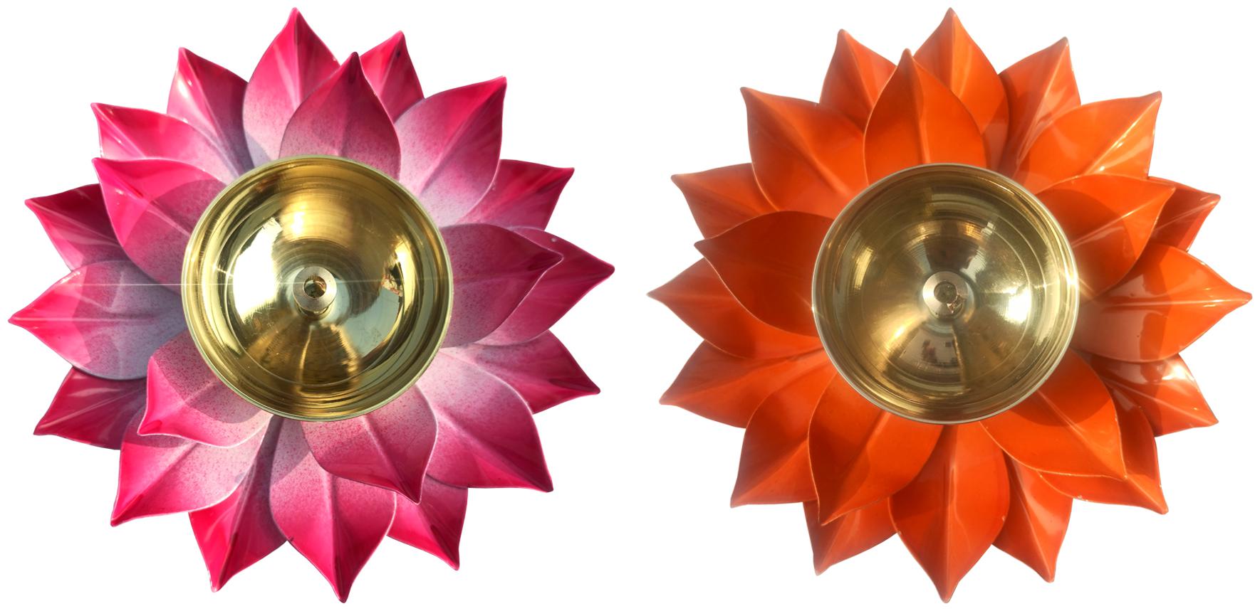

Decorate India Brass Kamal Ptta Orange And Pink Color Akhand Diya Size Set of 2