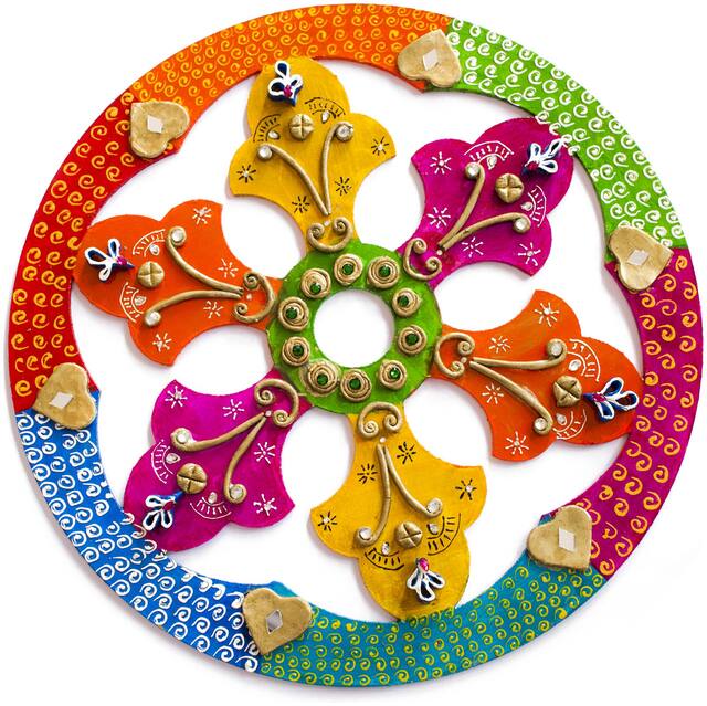 Decorative Handmade Wooden Rangoli /Wall Mount Wedding Decorative Door Hanging Multi Colored Foldable Stencil Floor Diwali Decoration, Christmas Decoration 15" x 15" In
