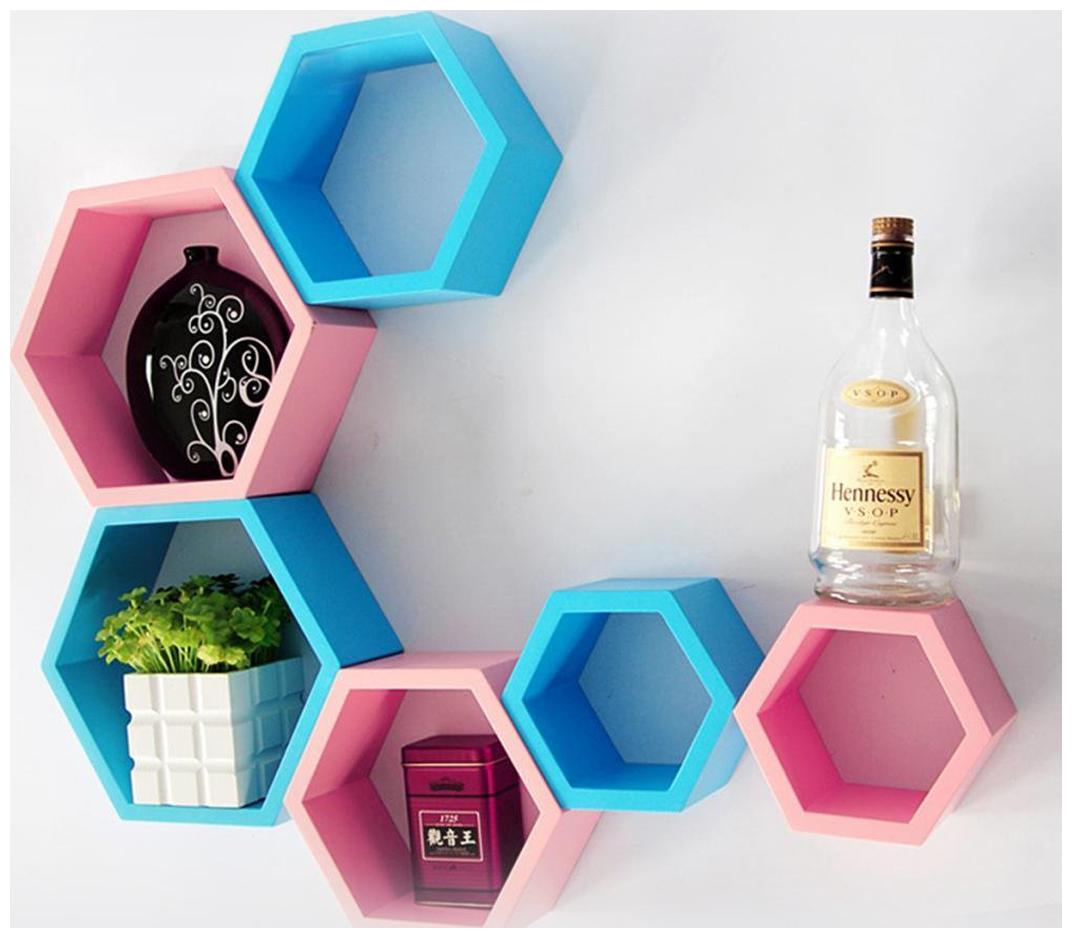 

Decornation Sky Blue And Pink Hexagon Shape Wall Shelf Set Of 6