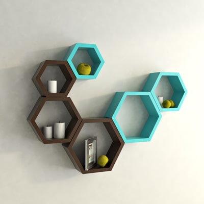 

DecorNation Blue And Brown Hexagon Shape Storage Wall Shelf - 6 pcs