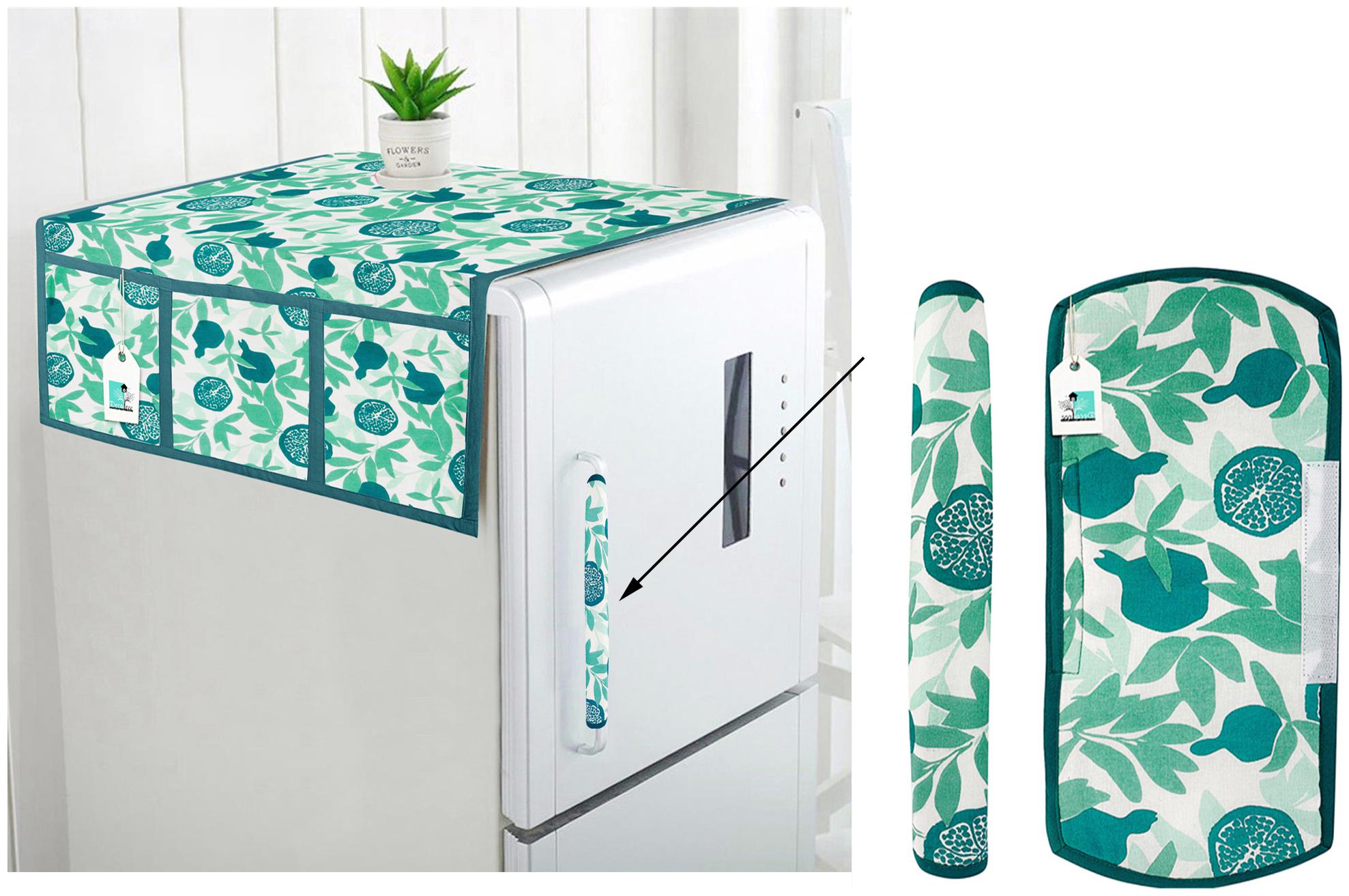 

DECOTREE Combo Set of Cotton Fridge Top Cover with 6 Pockets and 2 pc Cotton Fridge Handle Cover (Blue 3 pcs Set)