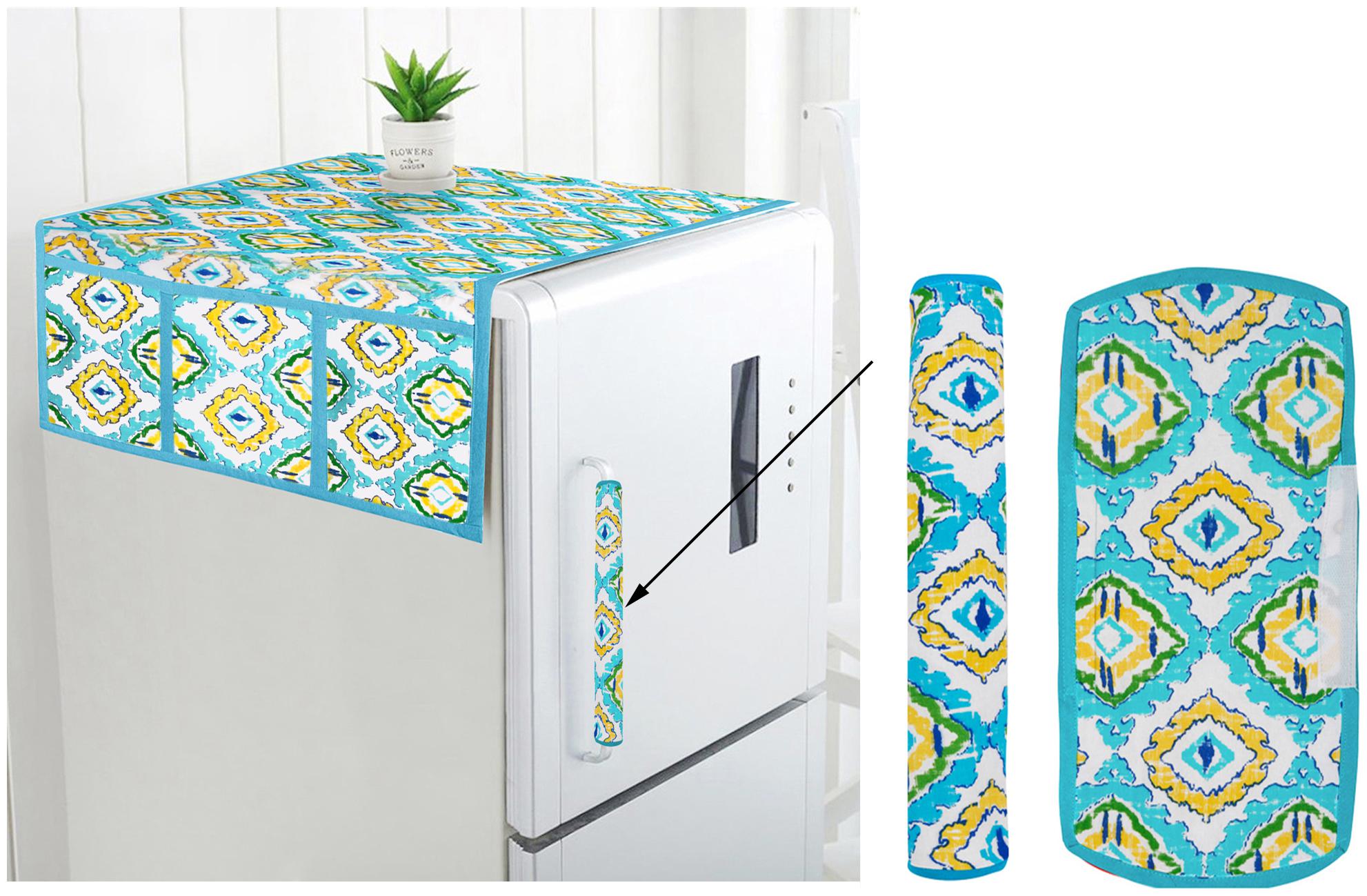 

DECOTREE Combo Set of Cotton Fridge Top Cover with 6 Pockets and 2 pc Cotton Fridge Handle Cover (Blue 3 pcs Set)