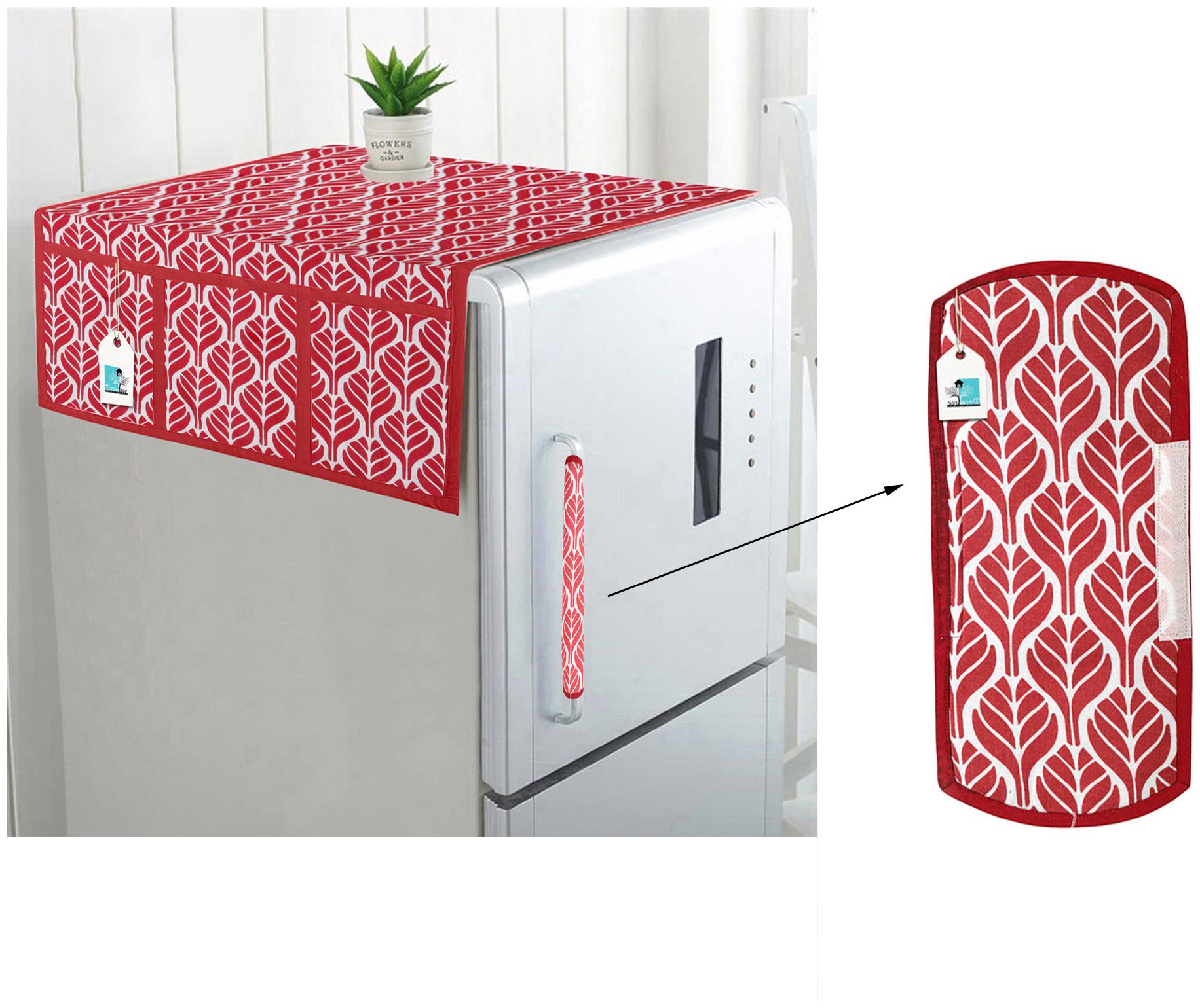 

DECOTREE Combo Set of Cotton Fridge Top Cover with 6 Pockets and Cotton Fridge Handle Cover (Red 2 pcs Set)