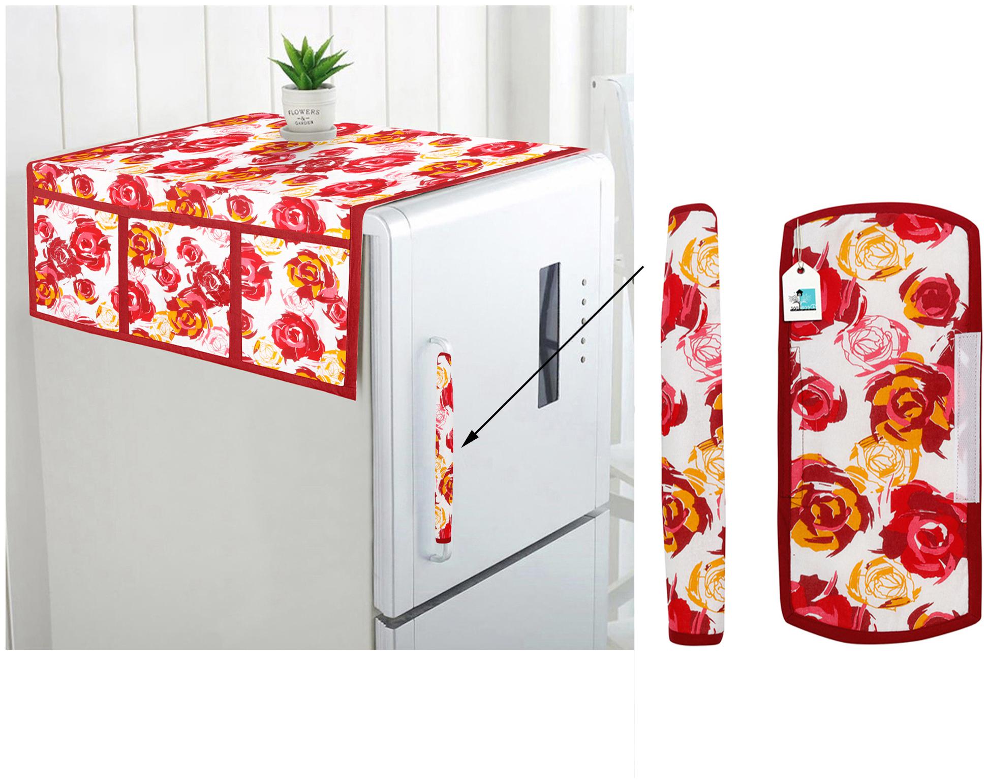 

DECOTREE Combo Set of Cotton Fridge Top Cover with 6 Pockets and 2 pc Cotton Fridge Handle Cover (Red 3 pcs Set)